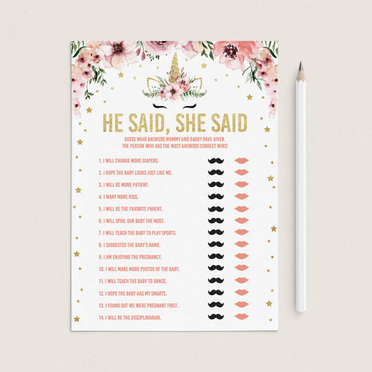 He said she said baby shower game for girls pink and gold by LittleSizzle