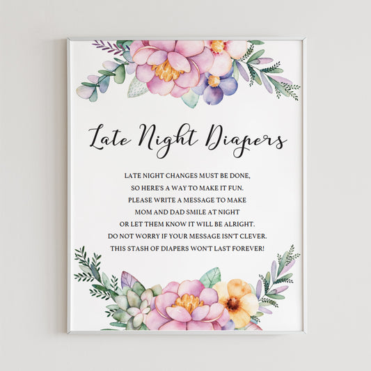 Printable late night diapers sign for girl baby shower by LittleSizzle