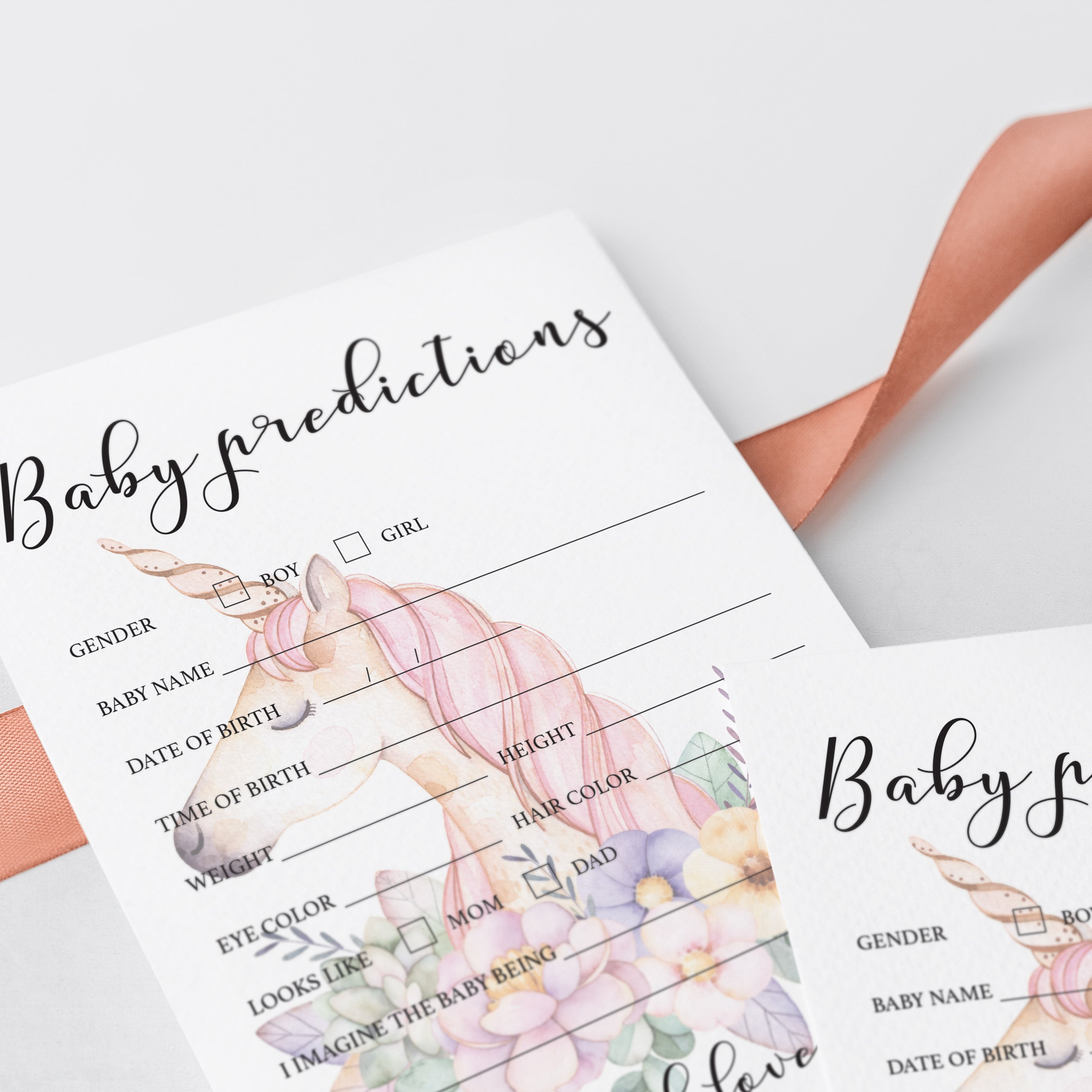 Floral unicorn baby sprinkle game cards by LittleSizzle