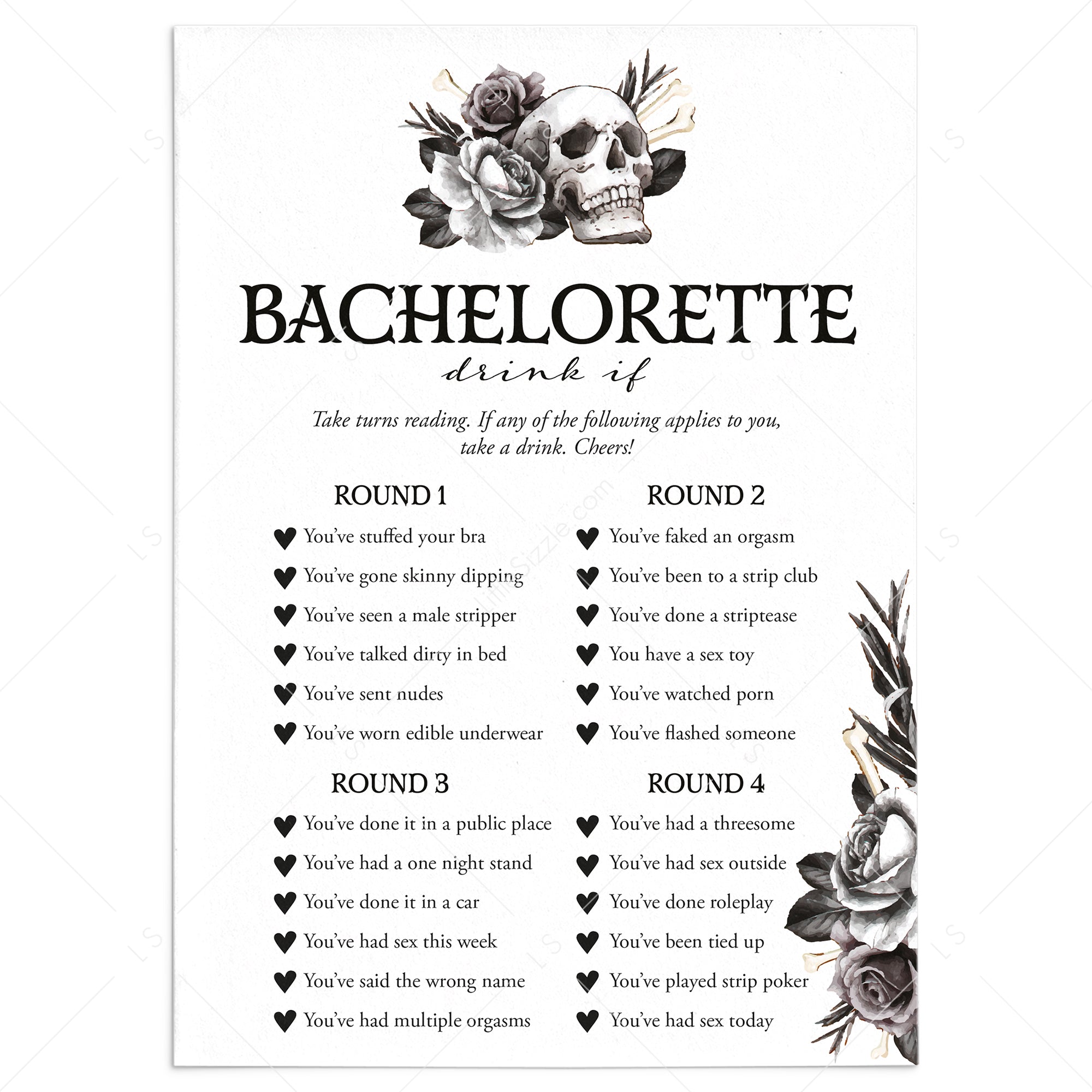 Bride or Die Bachelorette Party Game Drink If Printable Black Floral Skull image