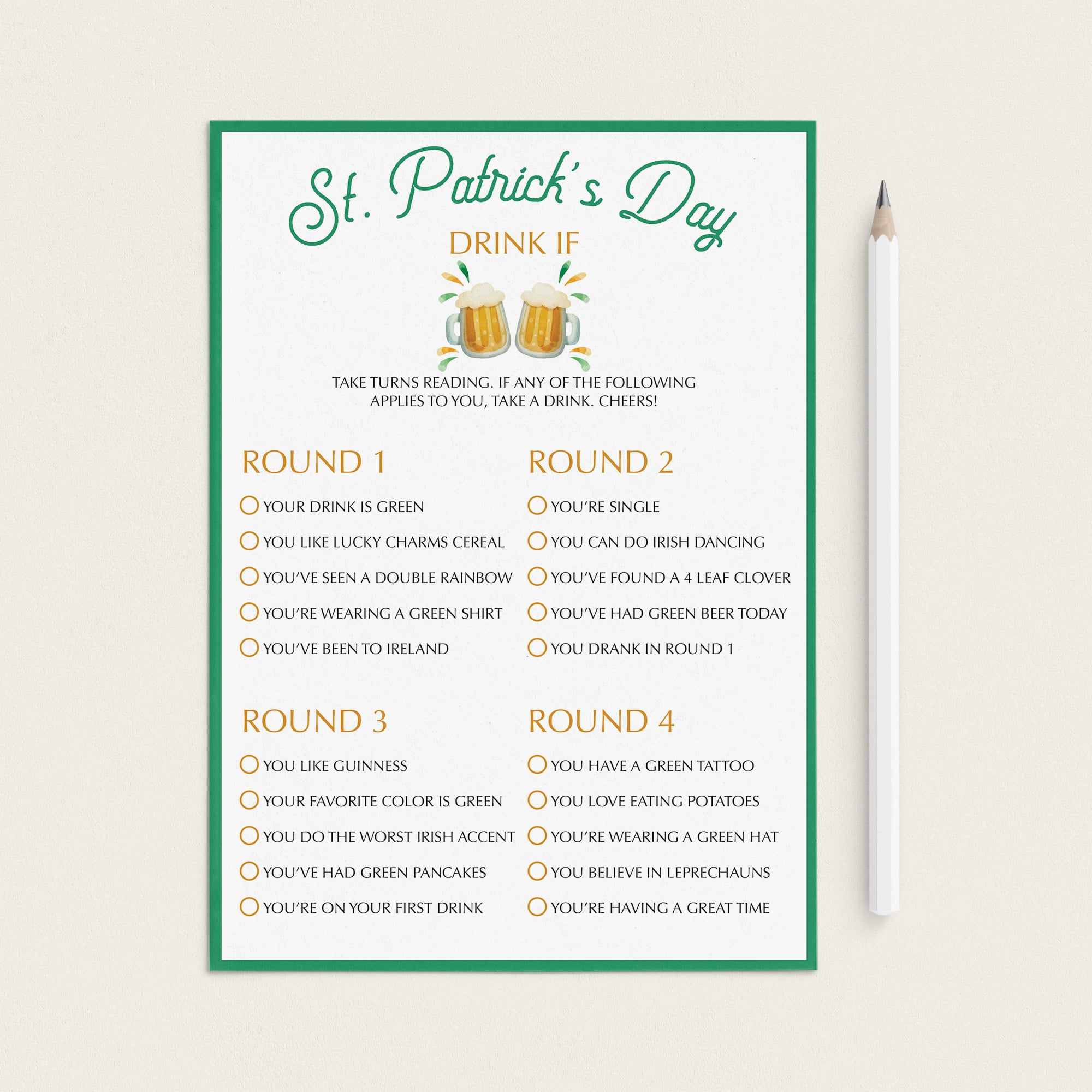 St Patrick's Day Drinking Game Printable by LittleSizzle