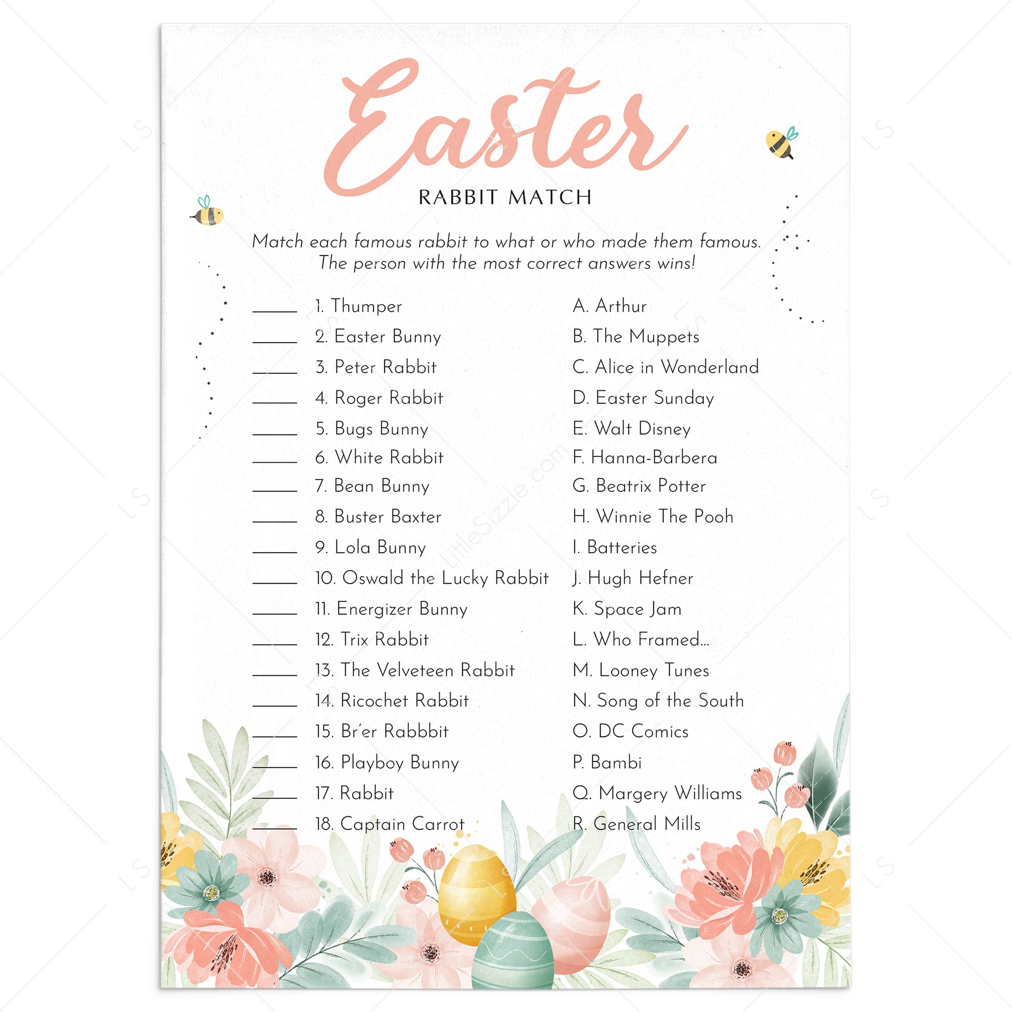 Easter Rabbit Match with Answer Key Printable by LittleSizzle