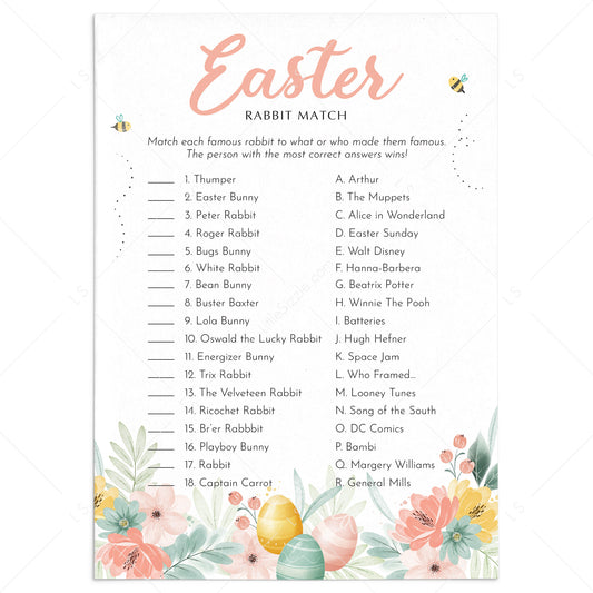 Easter Rabbit Match with Answer Key Printable by LittleSizzle