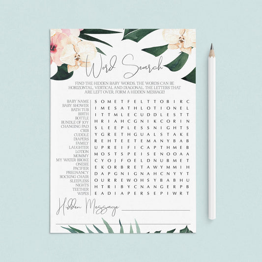 Tropical Theme Baby Shower Word Puzzle Printable by LittleSizzle