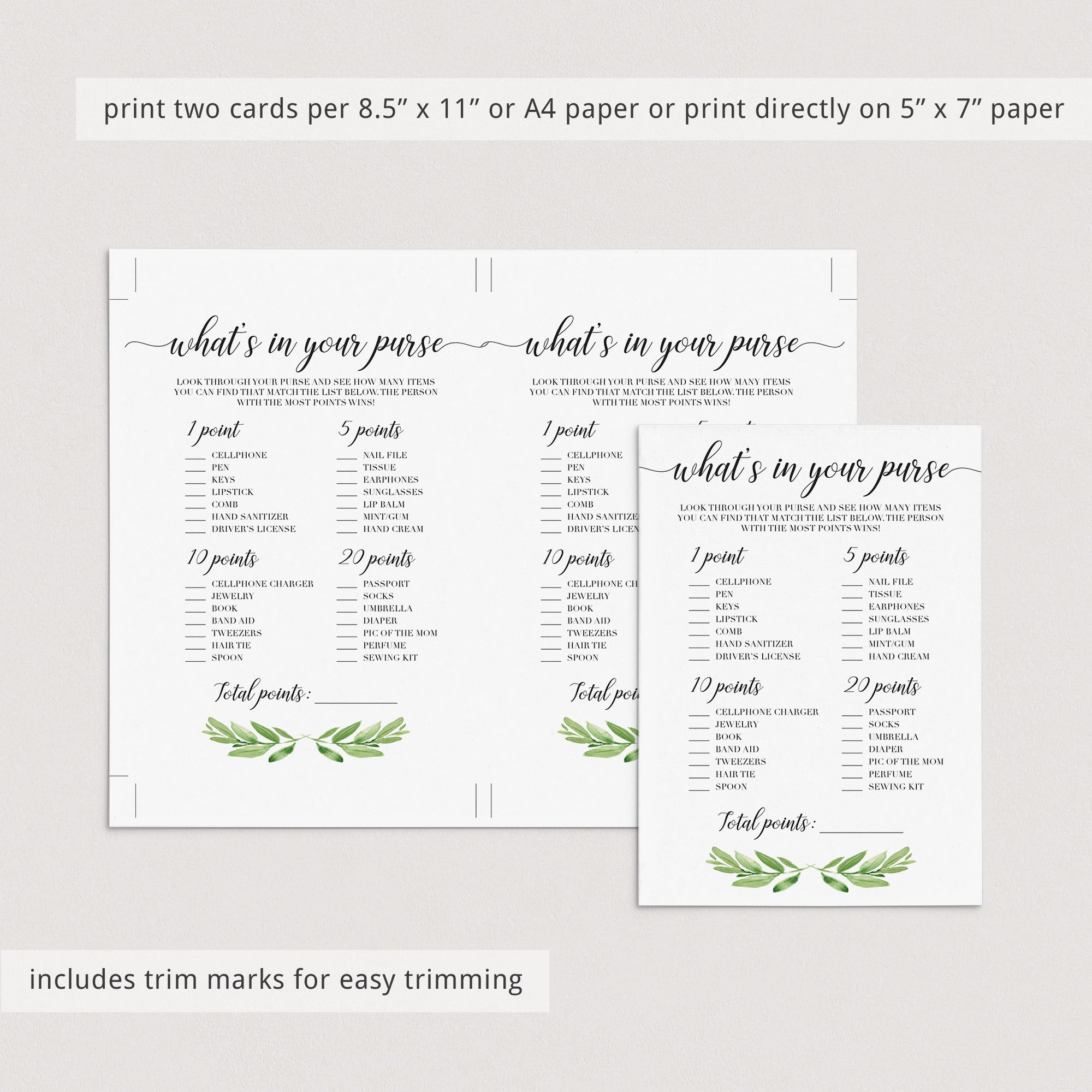 Purse raid baby shower game greenery themed by LittleSizzle