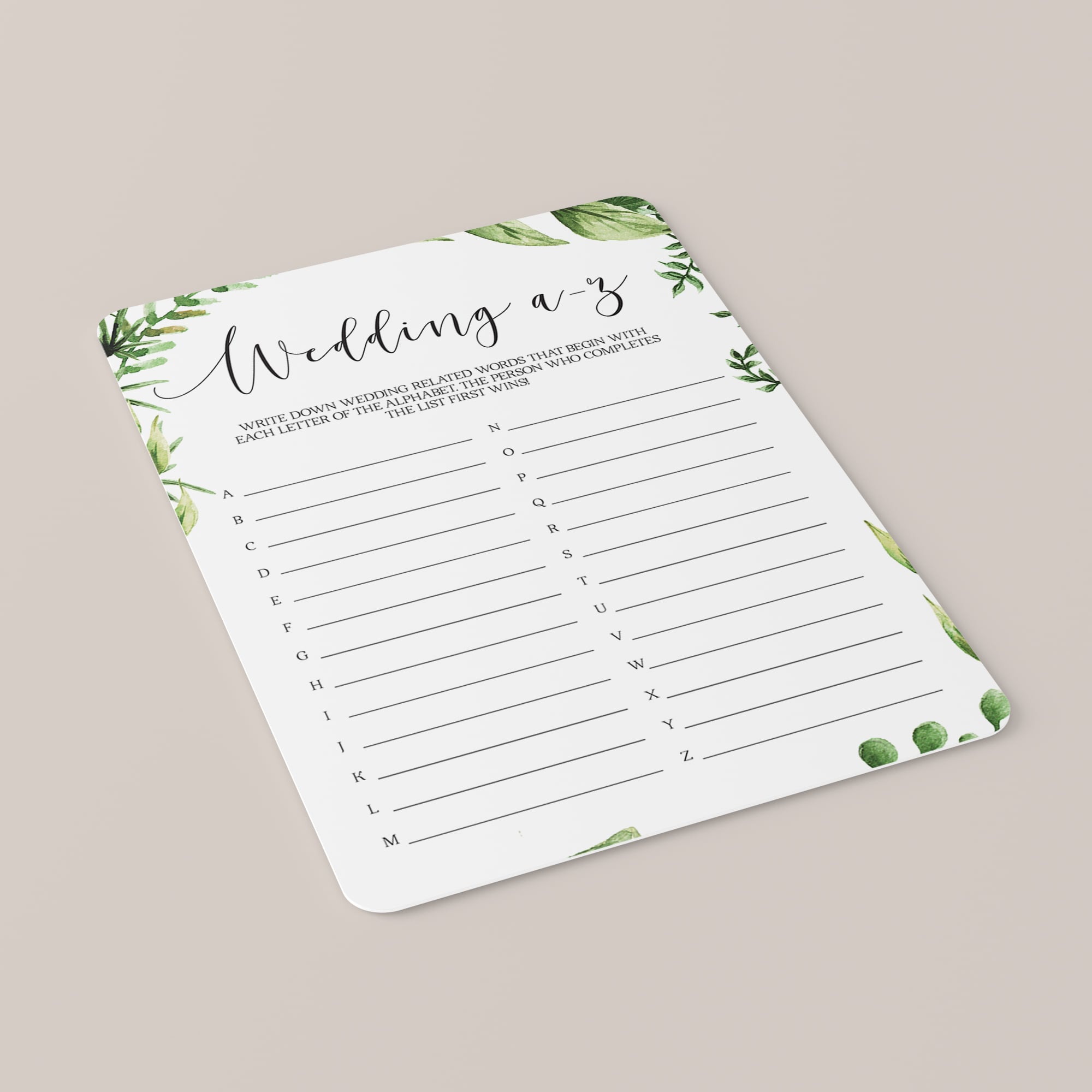 lush botanical bridal shower a-z word race game