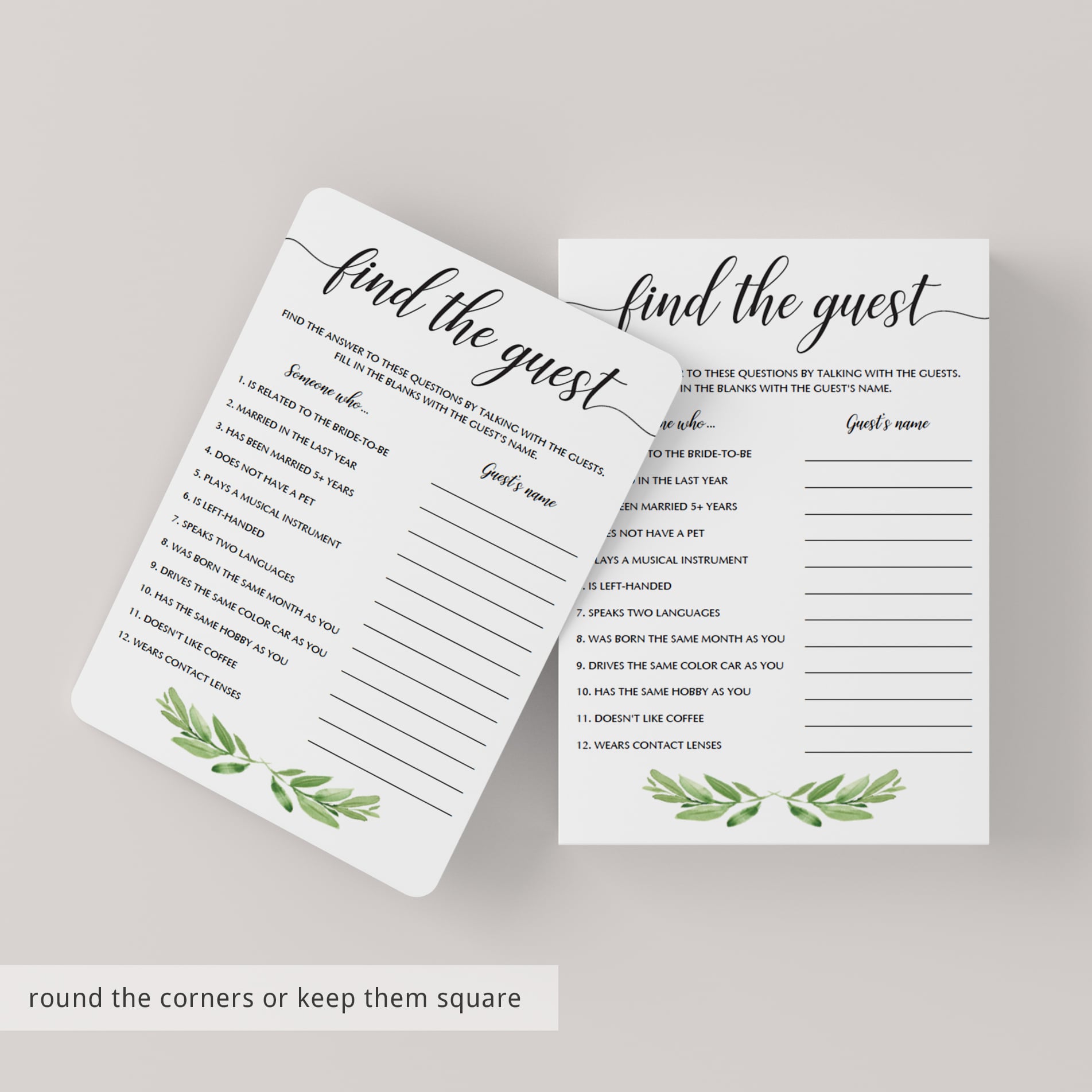 green bridal shower ice breaker game cards