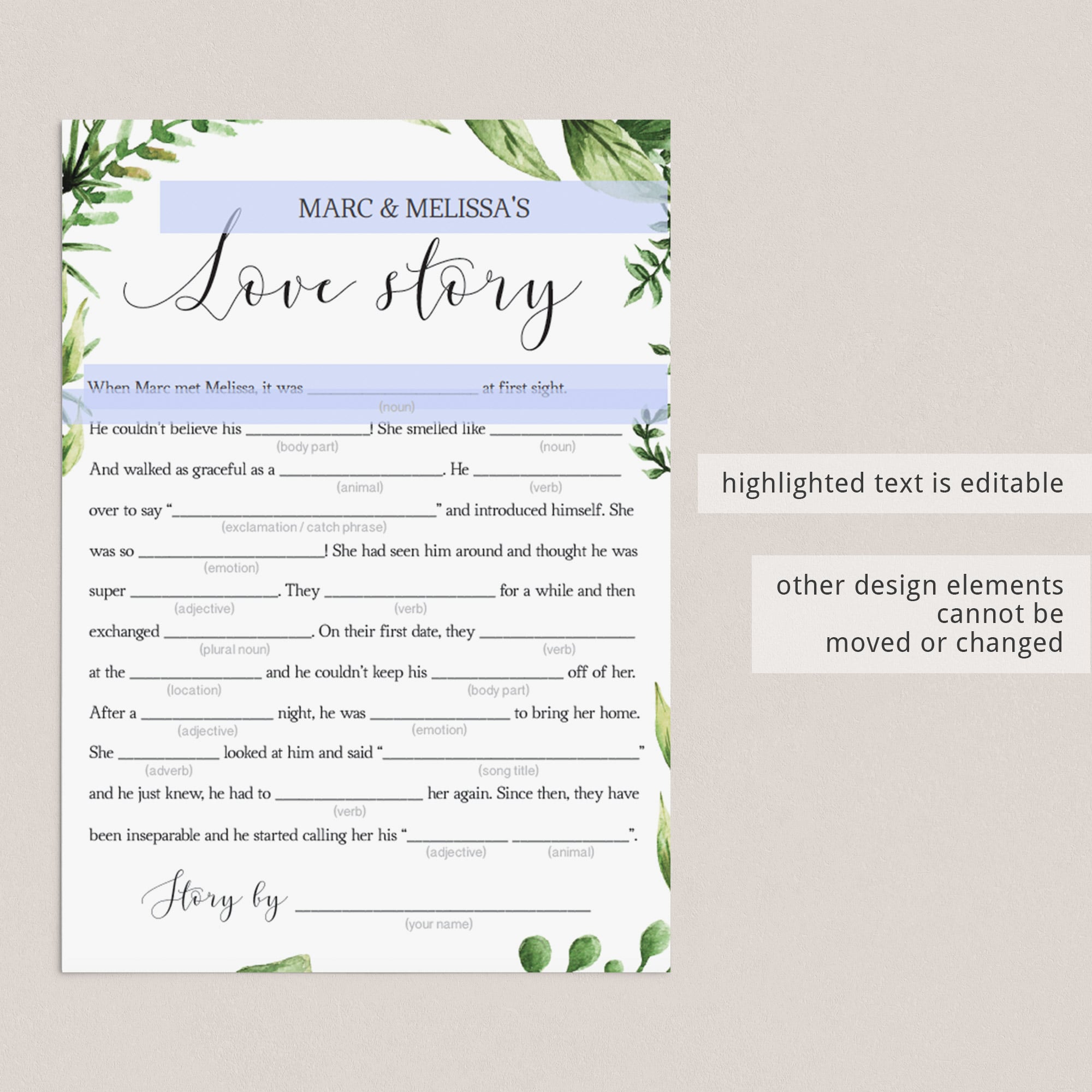 love story madlibs bridal shower games