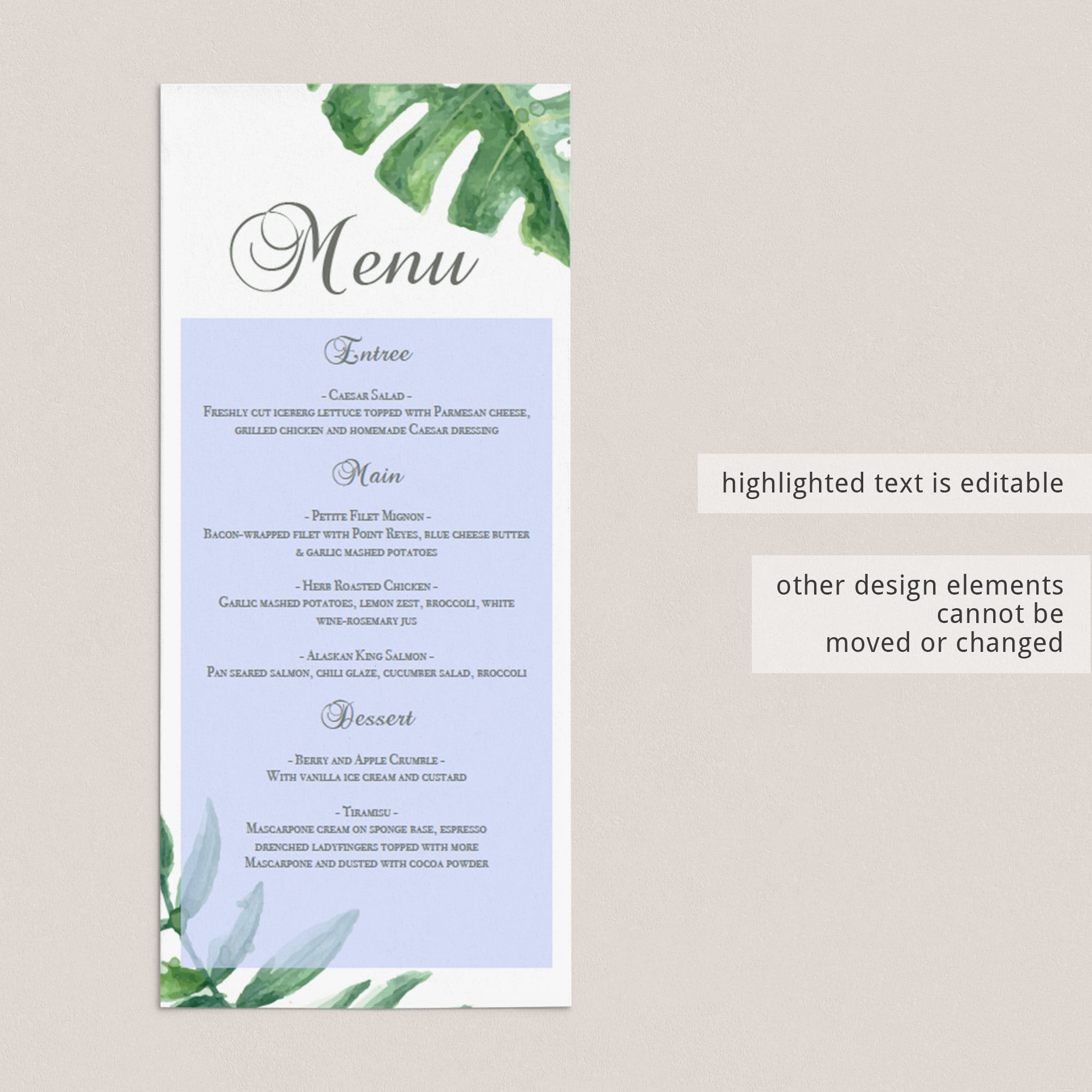 Editable menu card template with green leaves by LittleSizzle