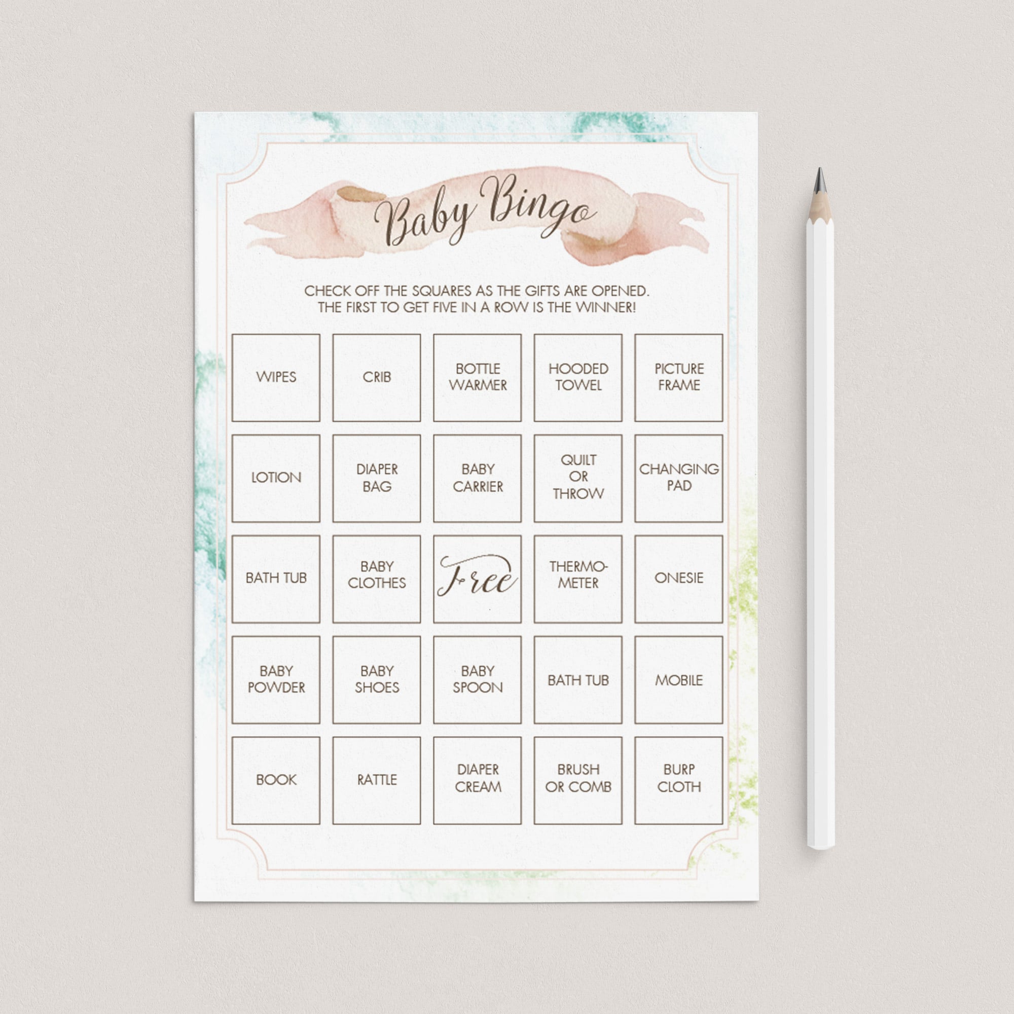 Prefilled baby shower bingo cards with watercolor background by LittleSizzle