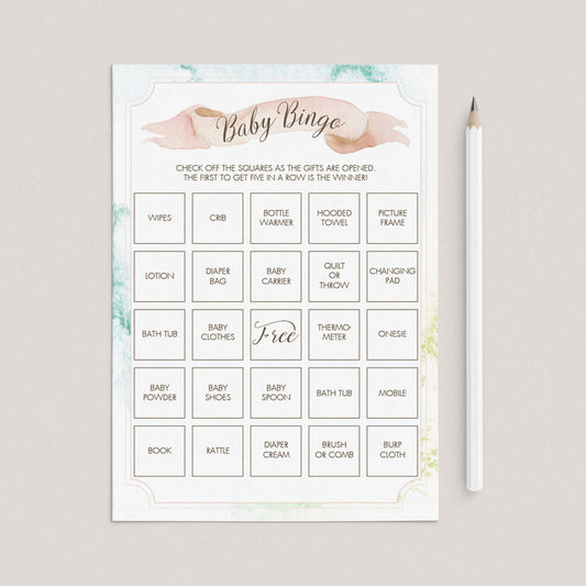 Prefilled baby shower bingo cards with watercolor background by LittleSizzle
