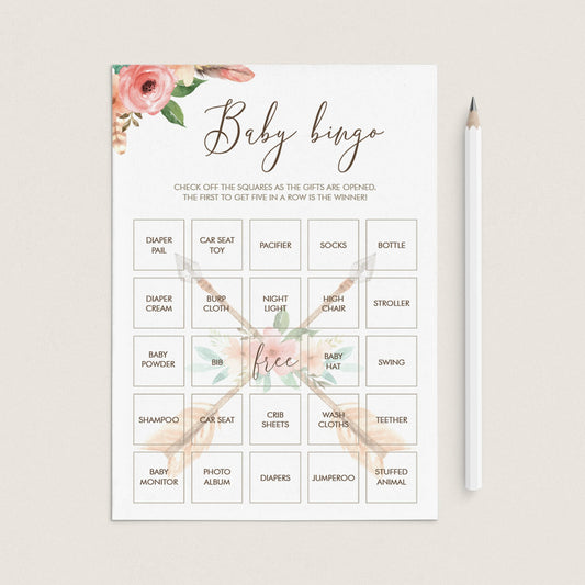 Tribal Floral Baby Shower Bingo Cards Printable