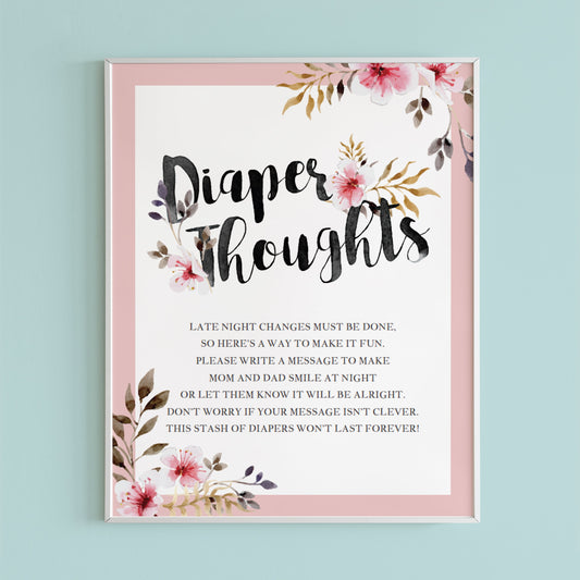 Diaper thoughts baby shower game printable pink flowers by LittleSizzle