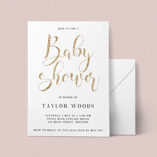 Gold glitter baby shower invitation template download by LittleSizzle