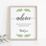 Greenery Baby Shower Advice Sign Printable