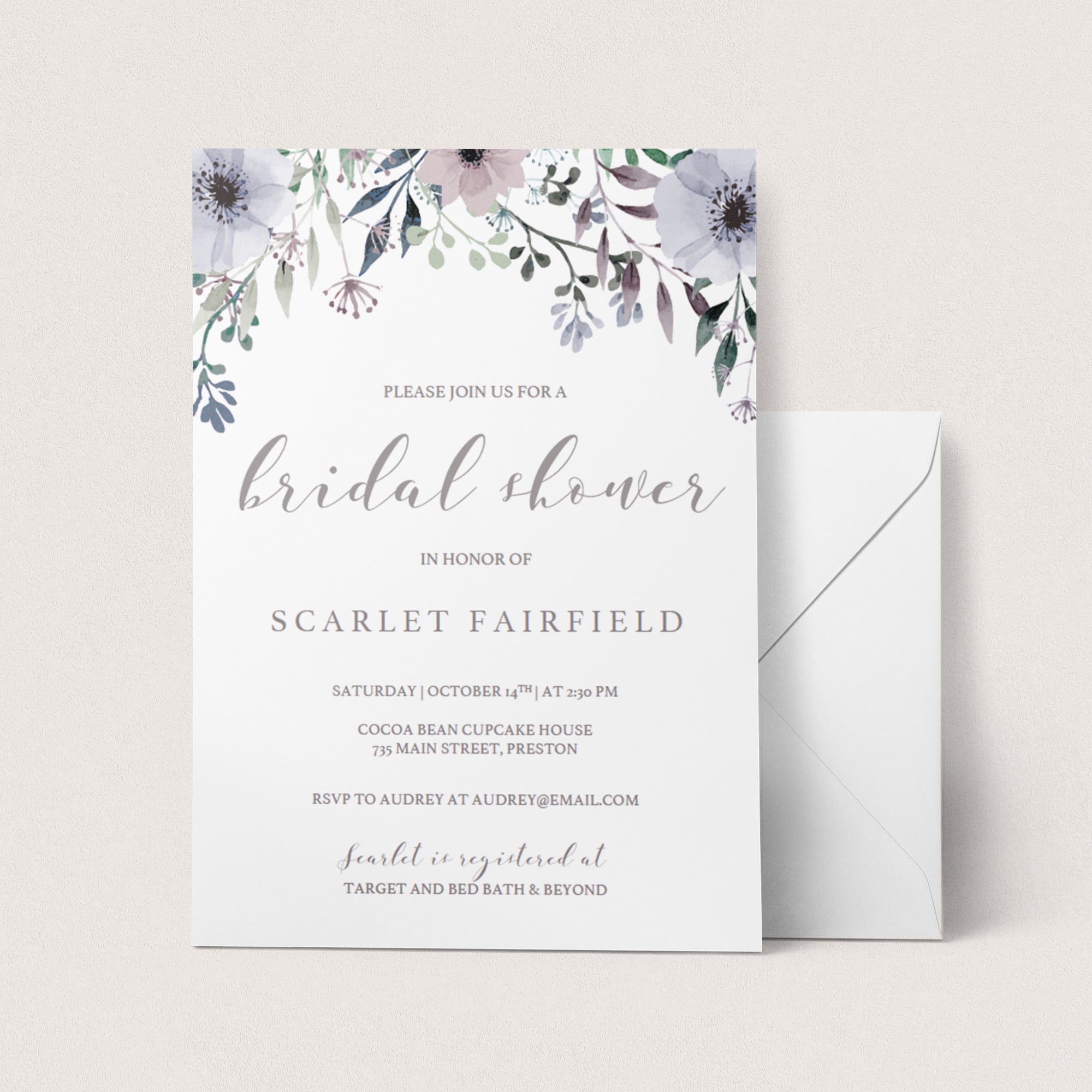 DIY Bridal Shower Invitation Template with Purple Flowers by LittleSizzle