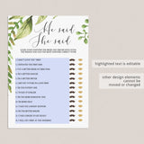 watercolor green leaves wedding printables