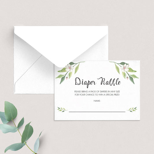 Diaper raffle ticket template with watercolor green leaves by LittleSizzle