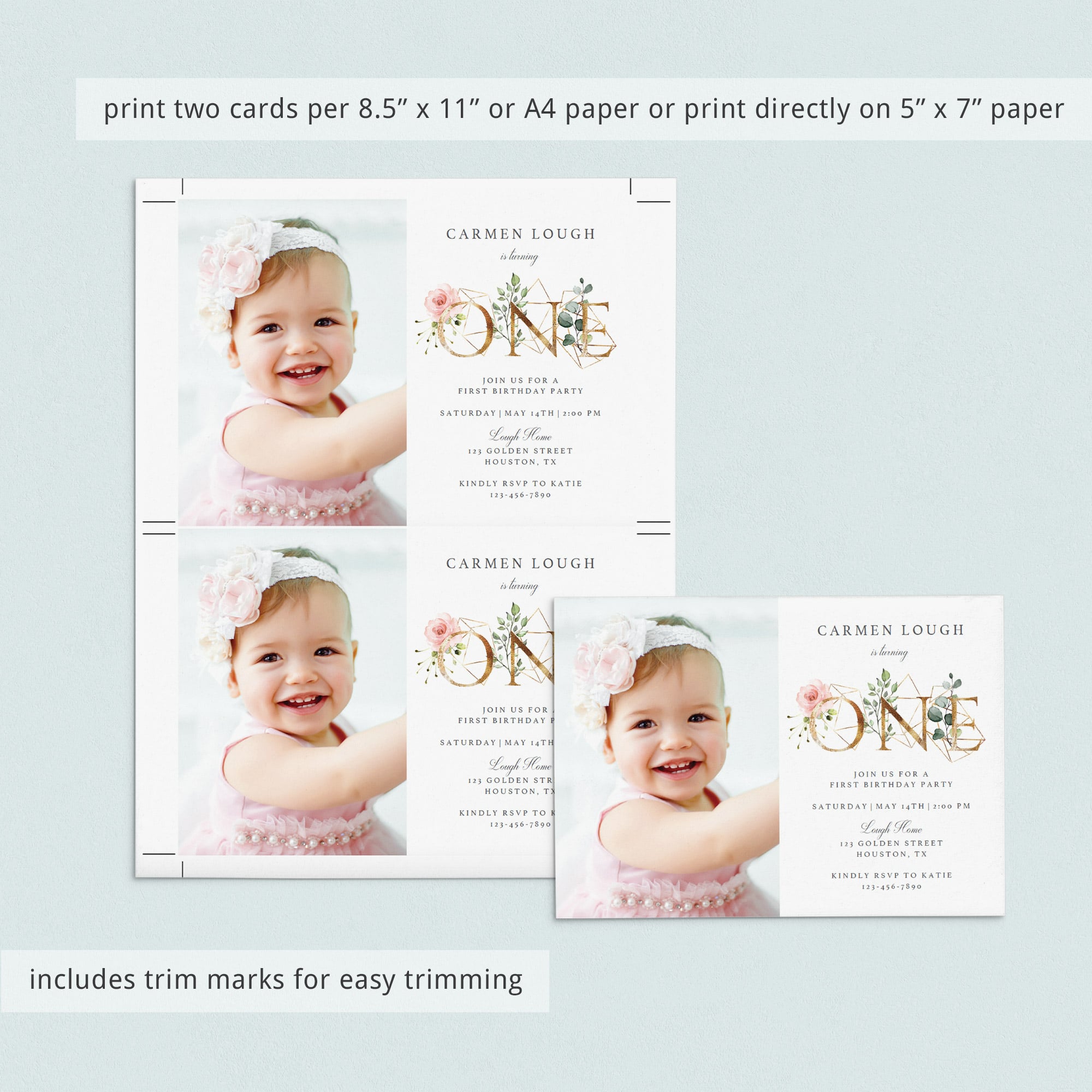 Blush floral first birthday photo template by LittleSizzle