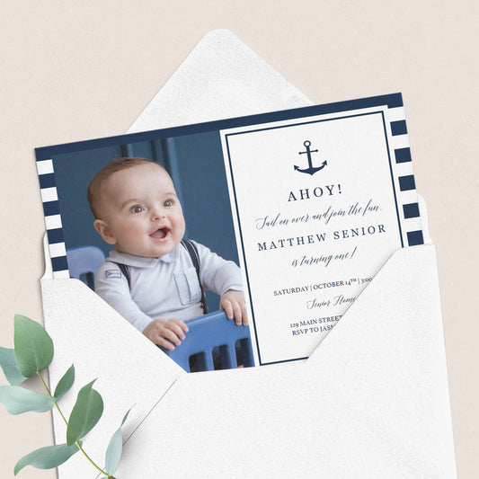 Boy First Birthday Photo Invitation Editable Template