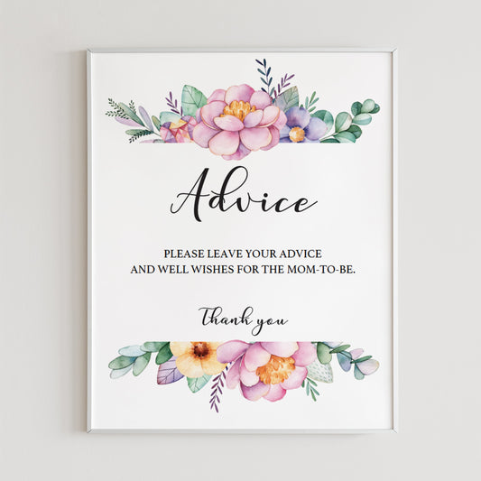 Pink floral baby shower advice sign printable by LittleSizzle