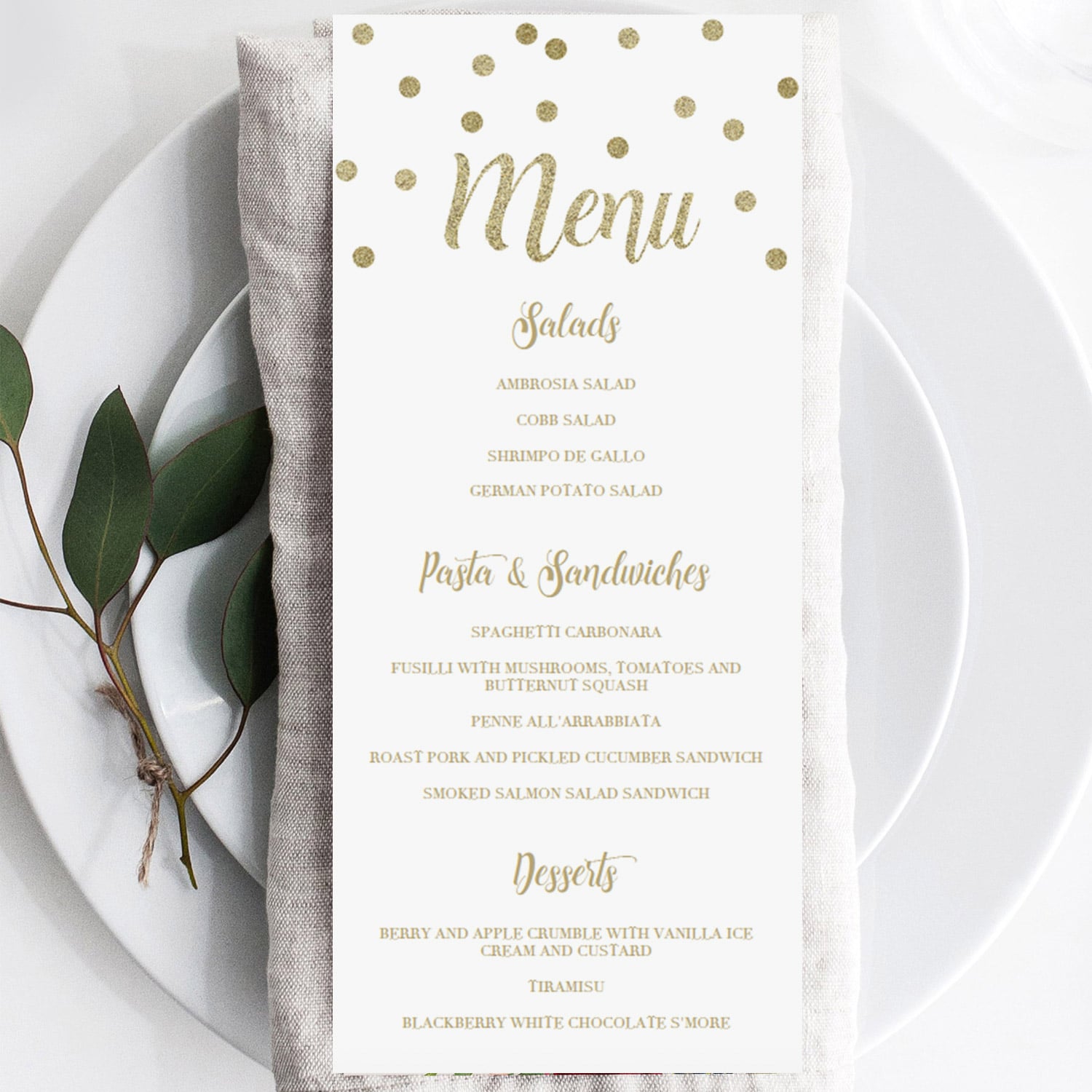 Gold confetti menu card by LittleSizzle