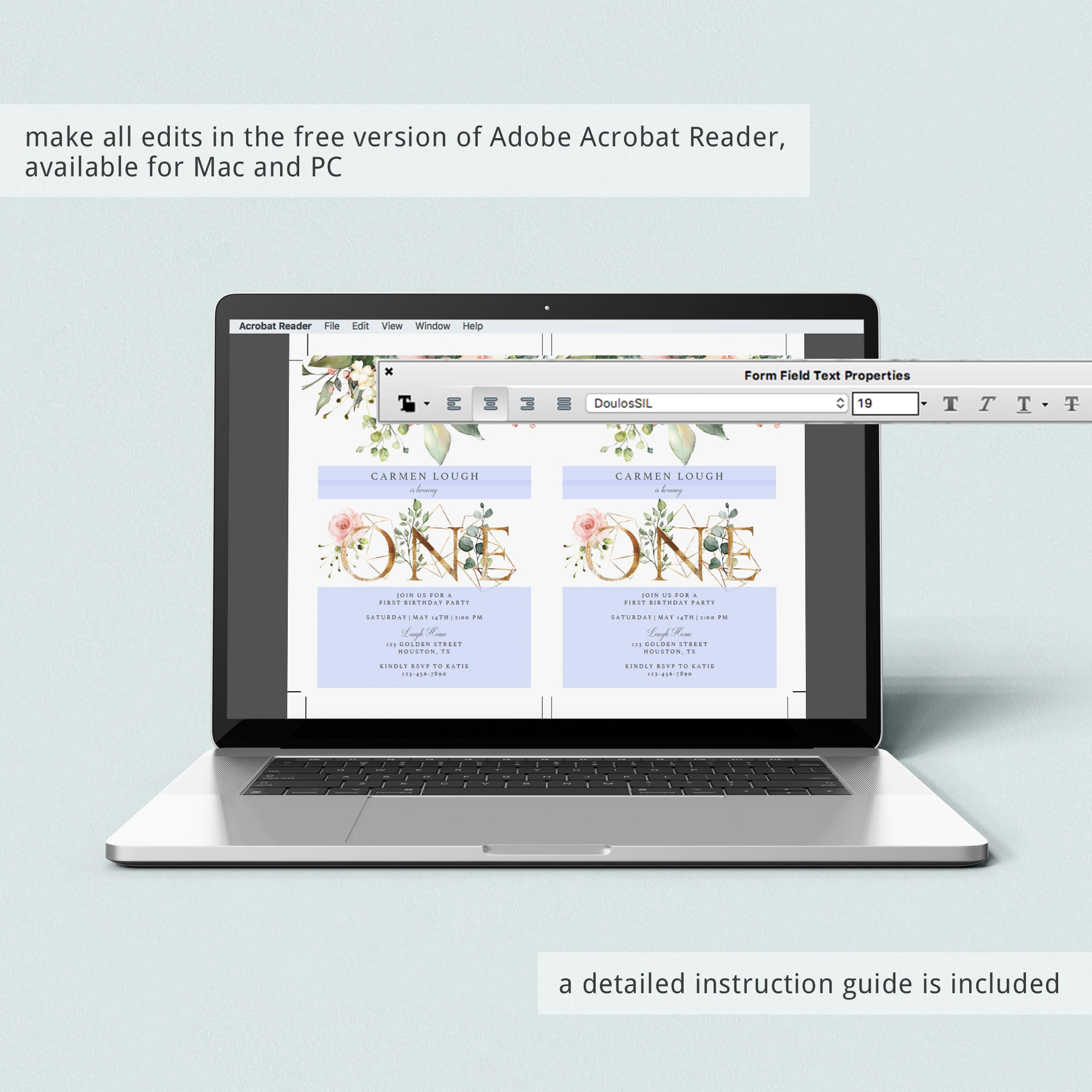 DIY first birthday invitation template blush floral one by LittleSizzle