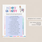 Llama Baby Shower Guess Who Mommy or Daddy Template