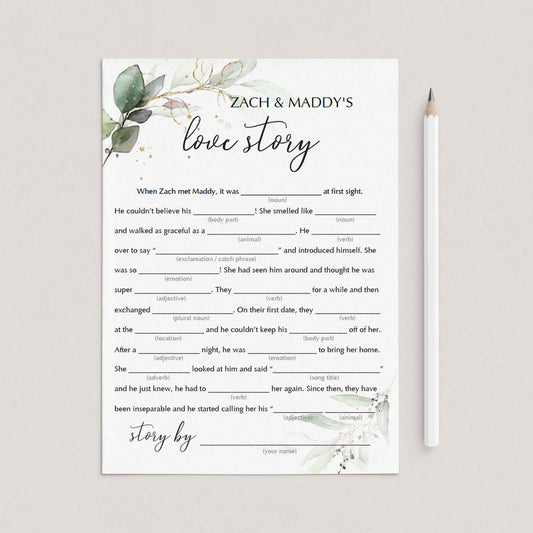 printable green love story mad libs bridal game by LittleSizzle