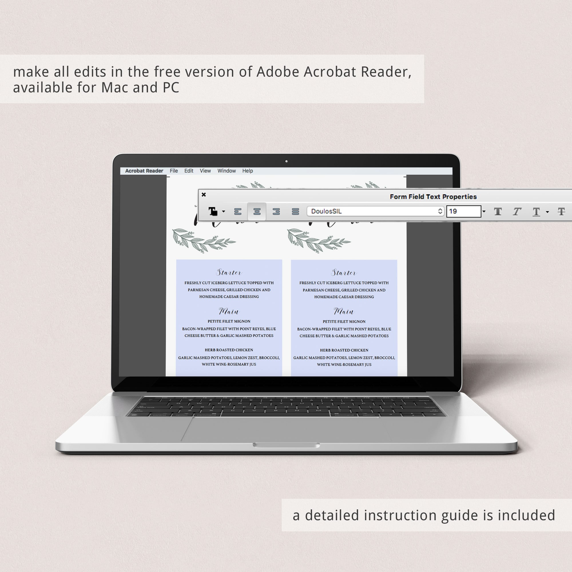 Editable dinner party menu cards by LittleSizzle