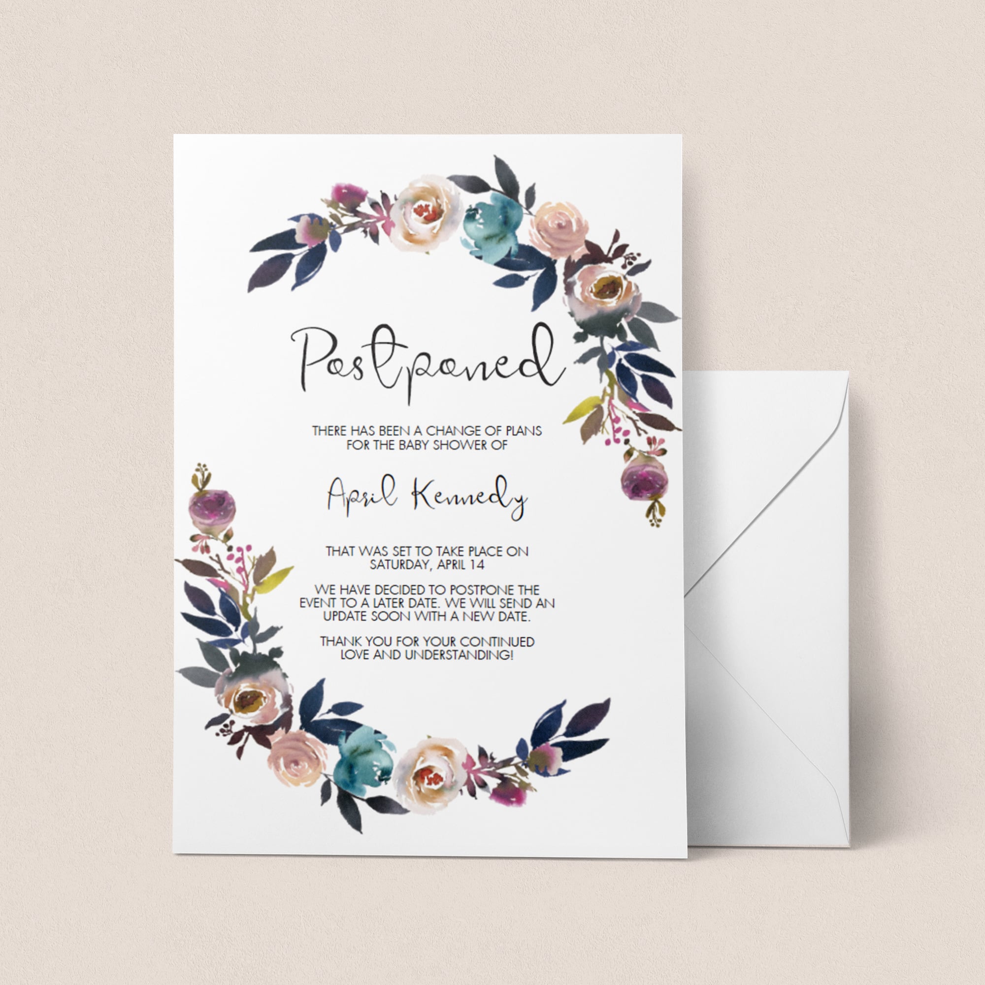 Postponed Baby Shower Card with Floral Wreath Editable Template by LittleSizzle