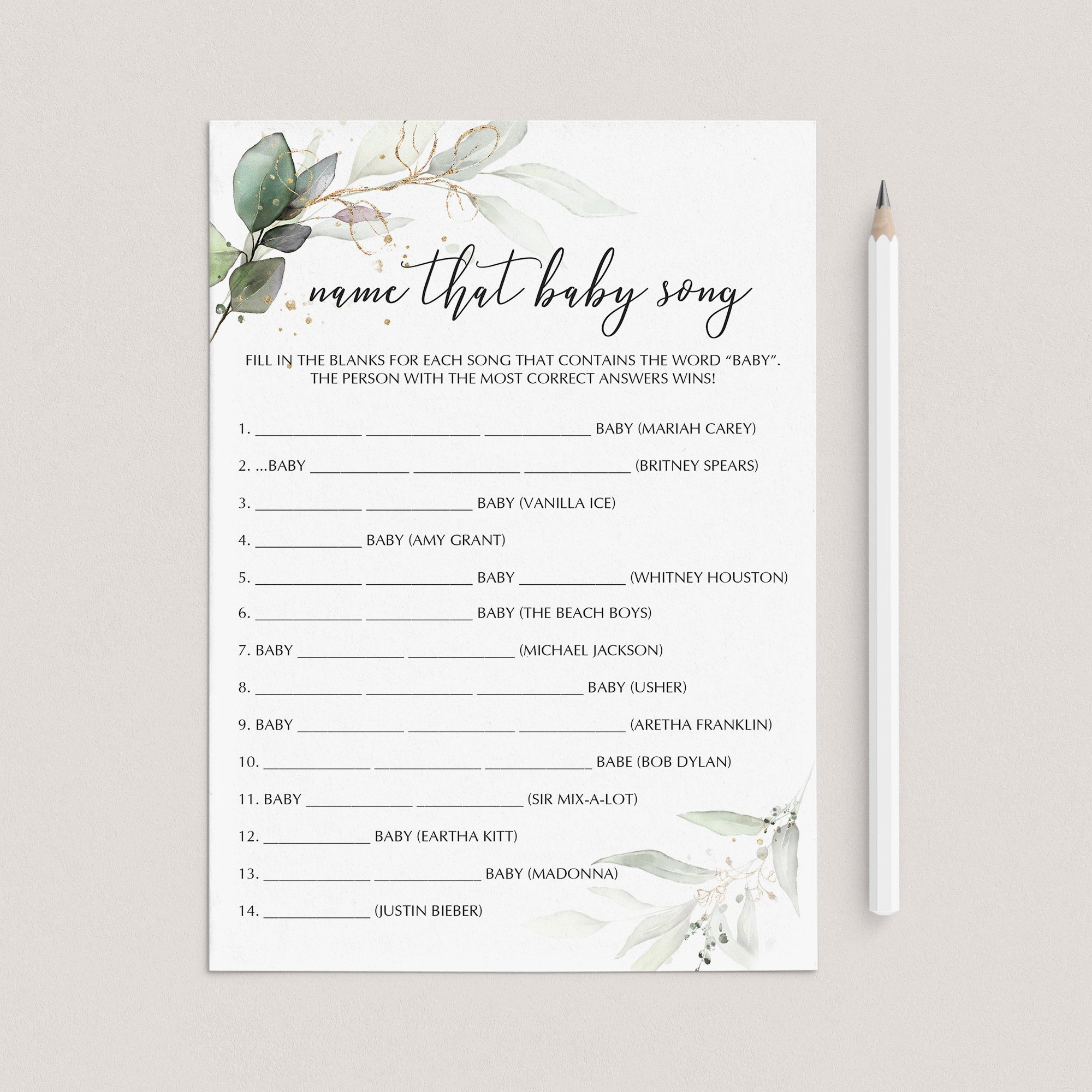 Gold Green Theme Baby Party Game Name That Song Printable by LittleSizzle