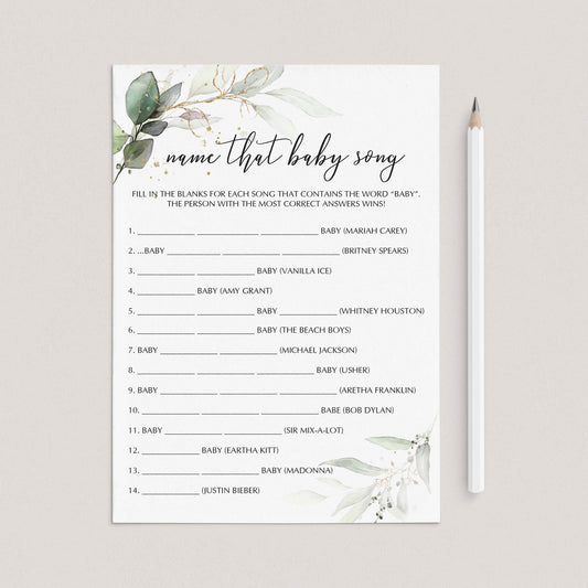 Gold Green Theme Baby Party Game Name That Song Printable by LittleSizzle