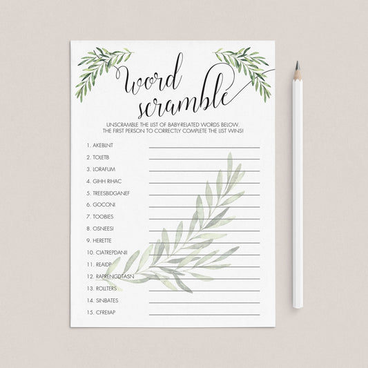 Botanical Baby Shower Game Baby Word Scramble Printable by LittleSizzle