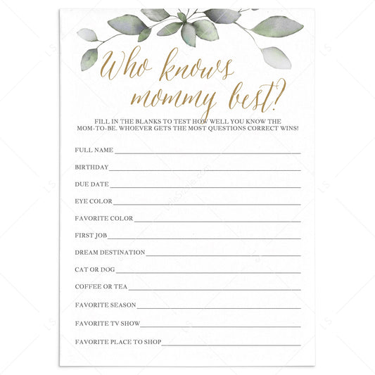 Gold And Green Baby Shower Mommy Quiz Printable by LittleSizzle