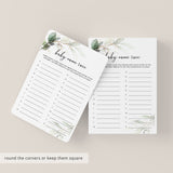Baby Names Game Printable Greenery and Gold Theme