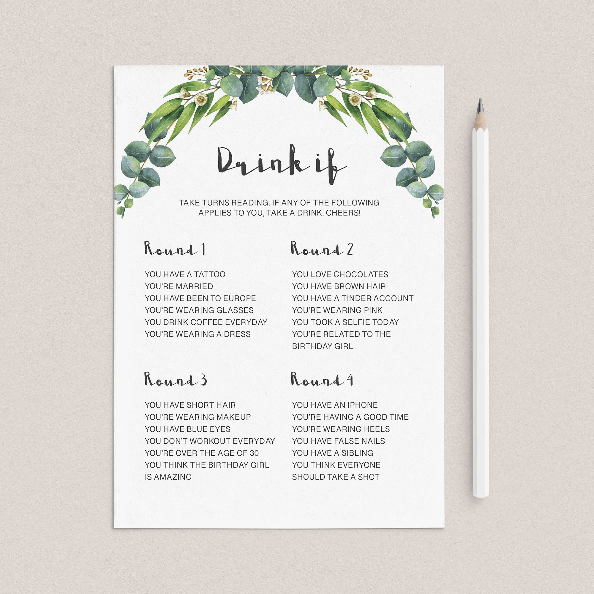 Adult Birthday Party Drink If Game Greenery Theme by LittleSizzle