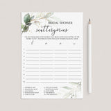 Bridal Scattergories Game Greenery and Gold Printable