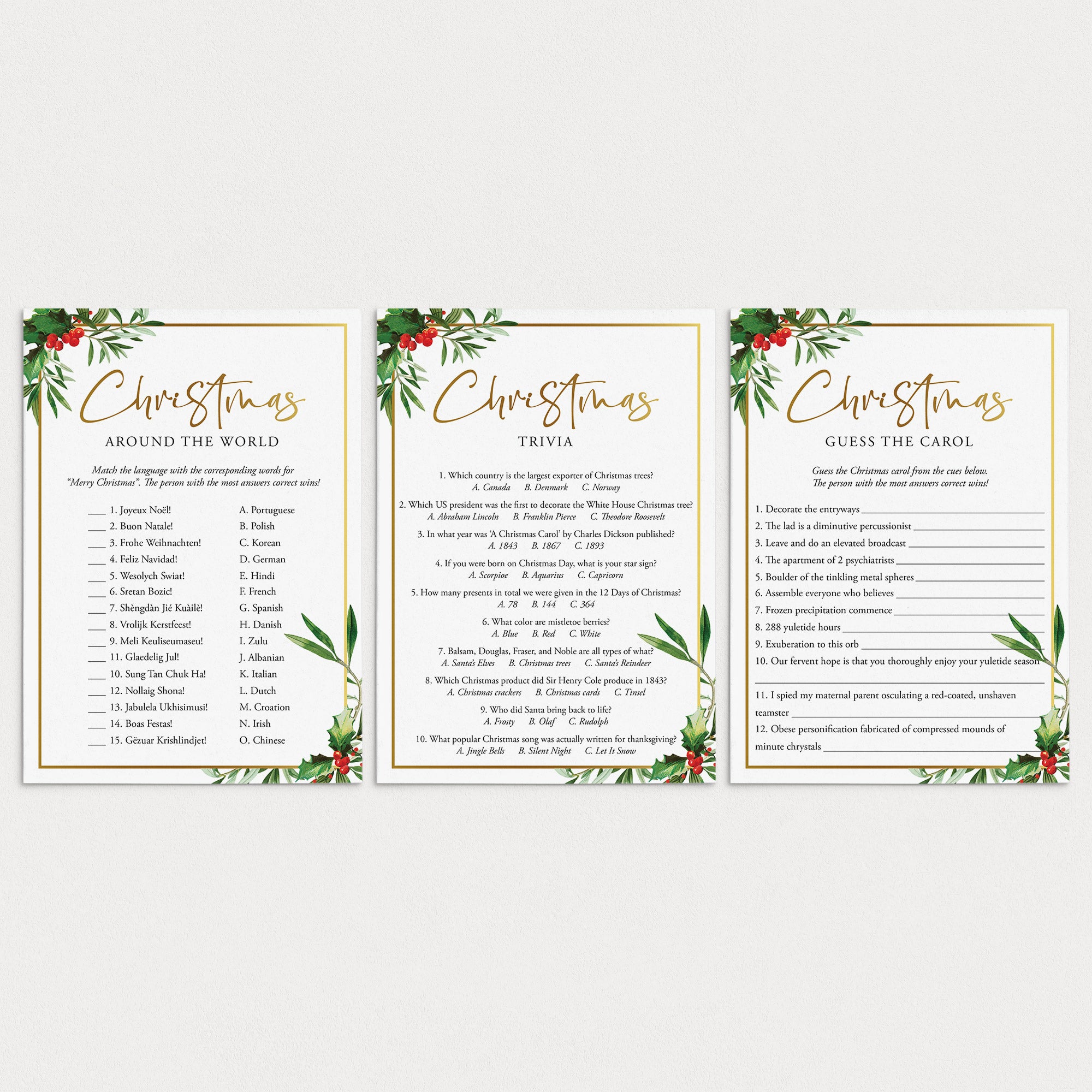 Christmas Dinner Party Trivia Games Printable by LittleSizzle