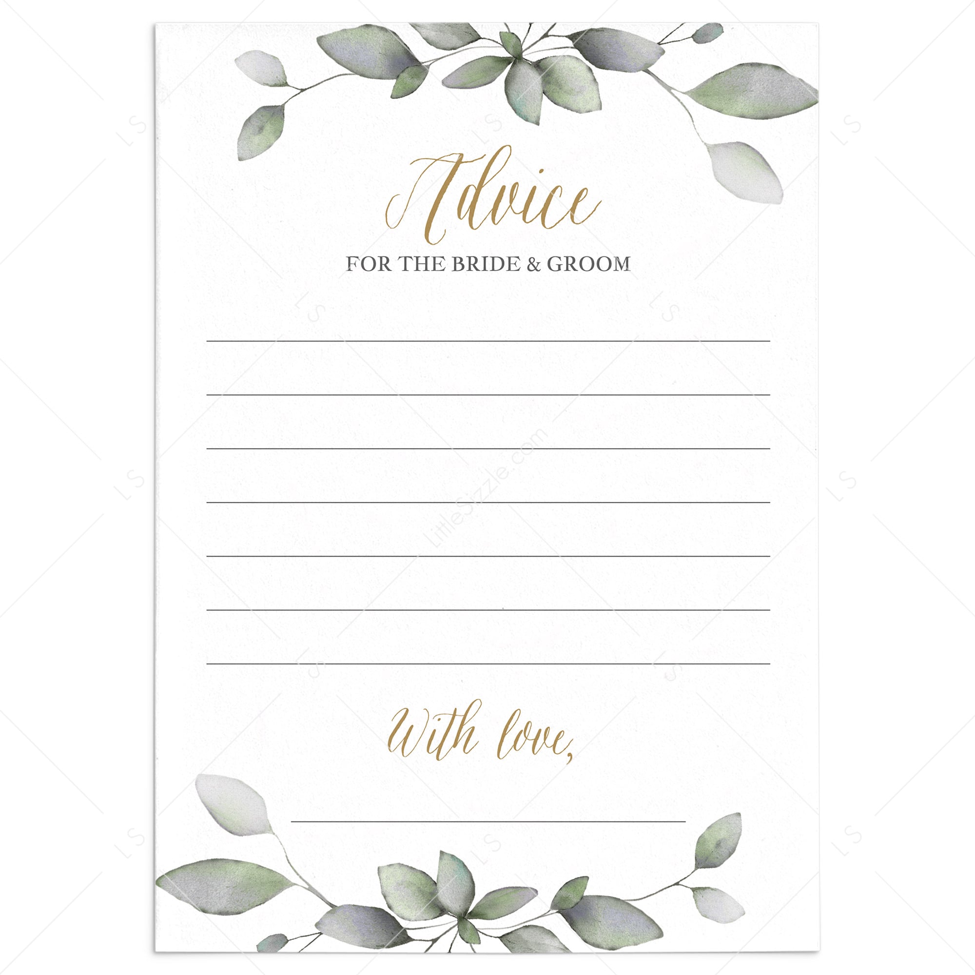 Gold And Green Wedding Advice Cards Printable by LittleSizzle