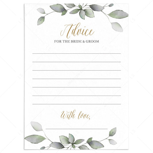 Gold And Green Wedding Advice Cards Printable by LittleSizzle