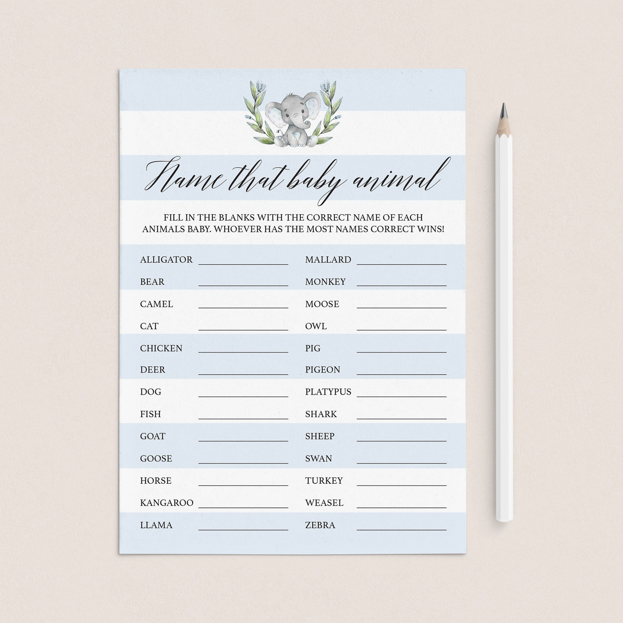 elephant baby shower games printable name that baby animal by LittleSizzle