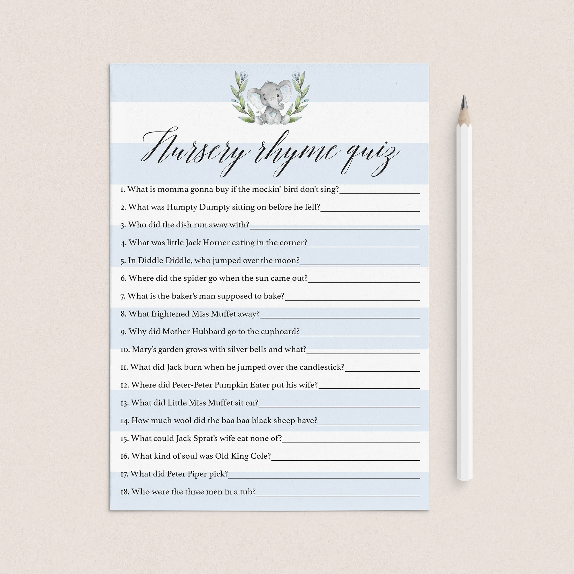 Printable Nursery Rhyme Quiz for boy baby shower by LittleSizzle