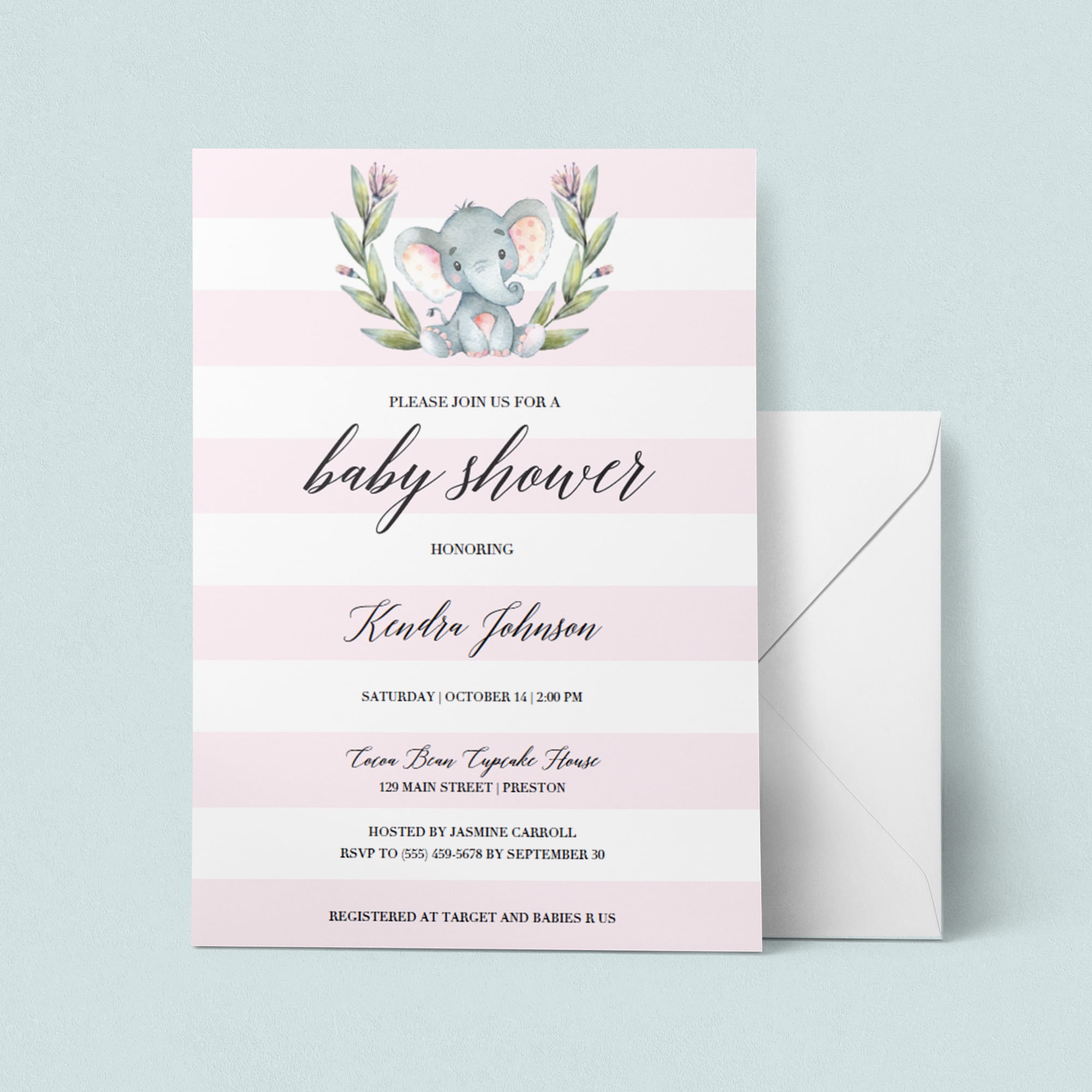Pink Elephant baby shower invitation template download by LittleSizzle
