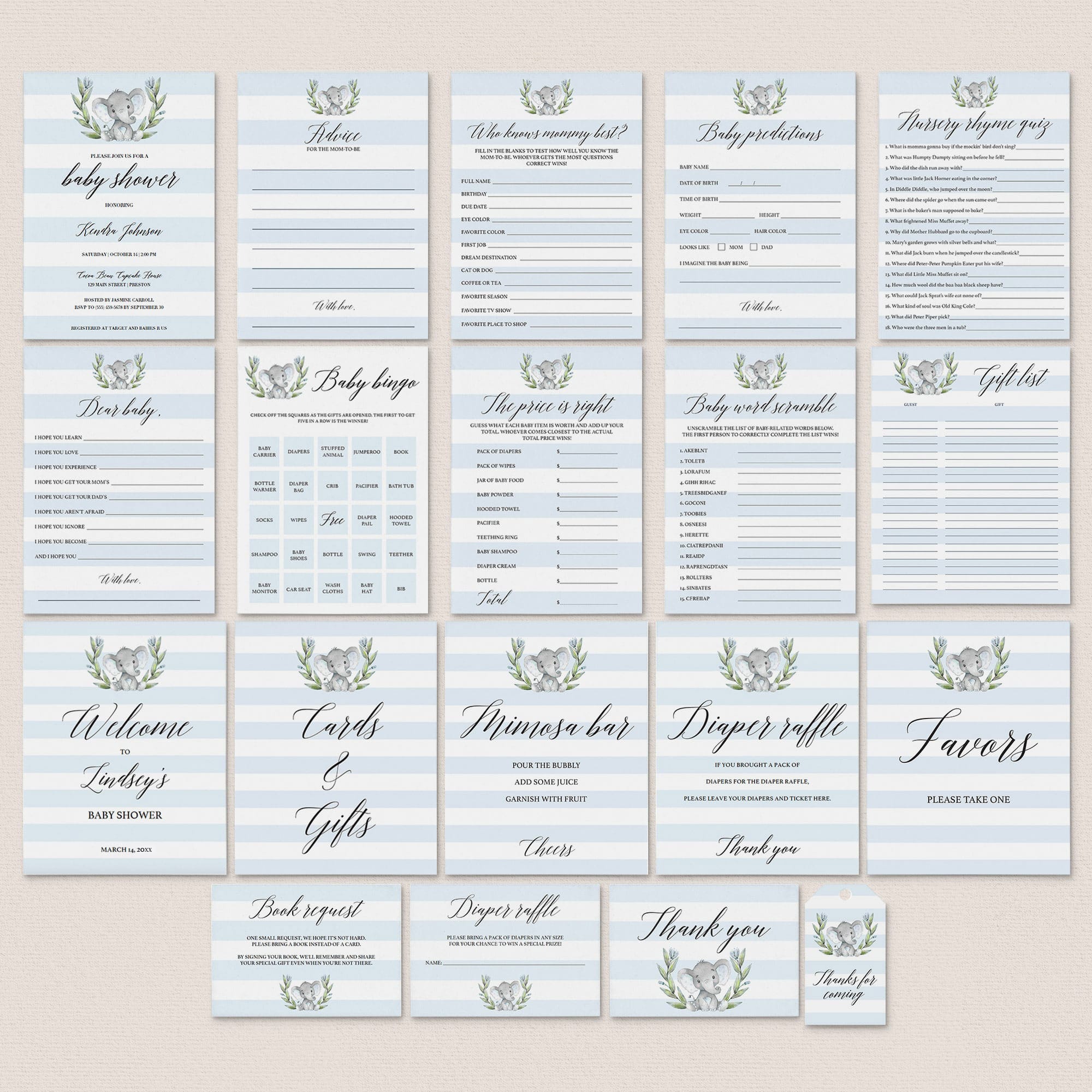 Elephant Baby Shower for Boy Full Bundle Instant Download by LittleSizzle