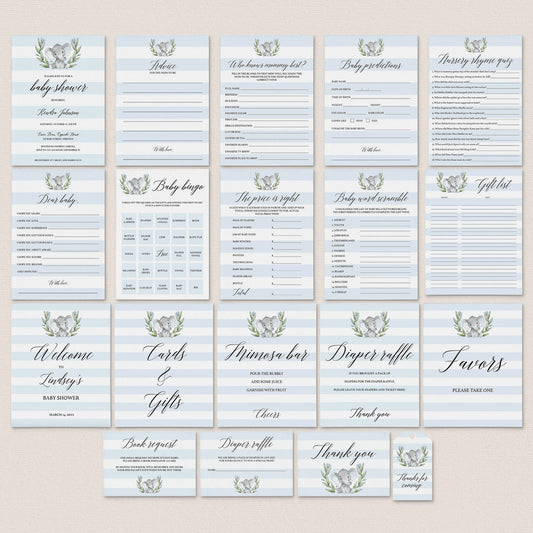 Elephant Baby Shower for Boy Full Bundle Instant Download by LittleSizzle