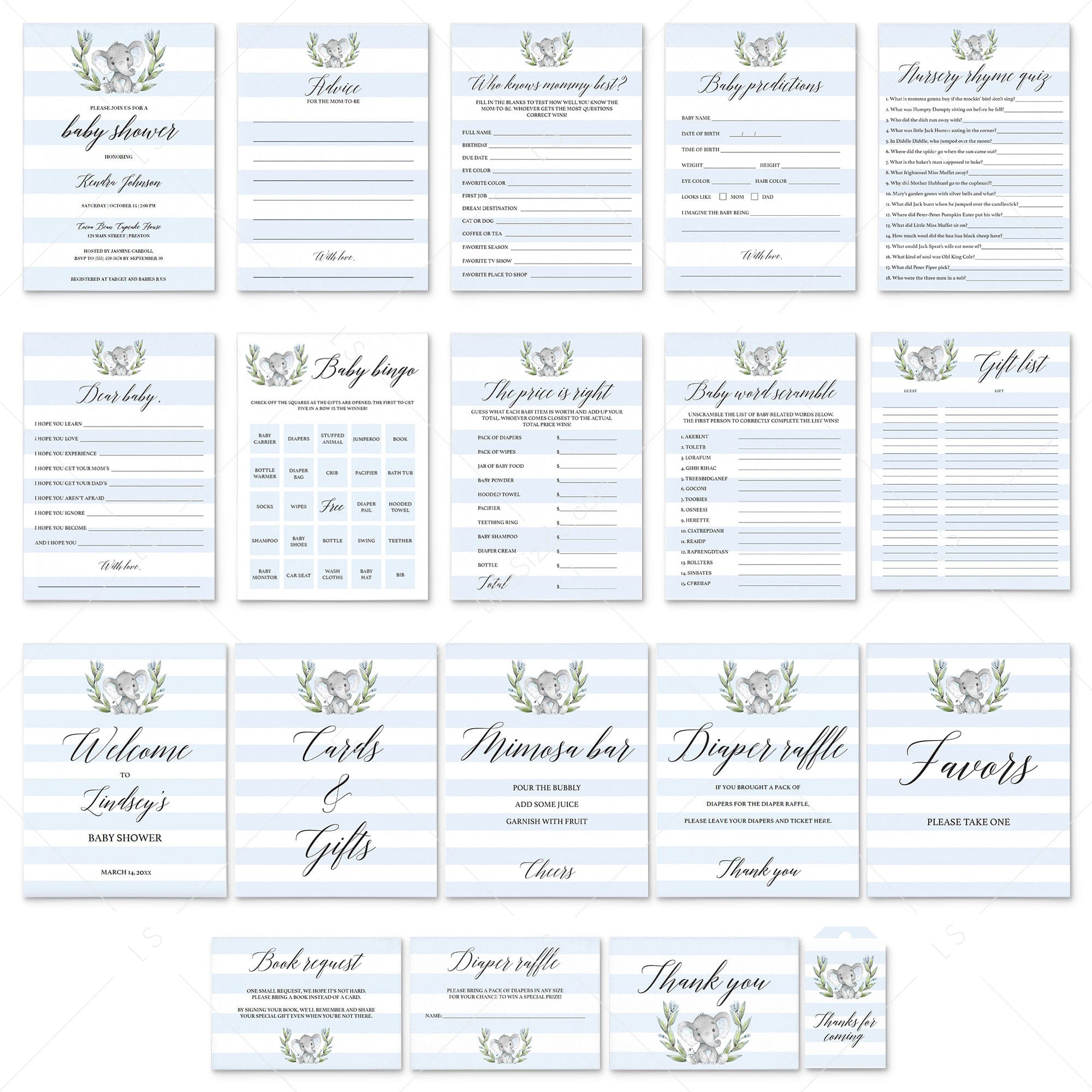 Elephant Baby Shower for Boy Full Bundle Instant Download by LittleSizzle
