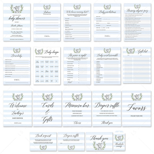 Elephant Baby Shower for Boy Full Bundle Instant Download by LittleSizzle