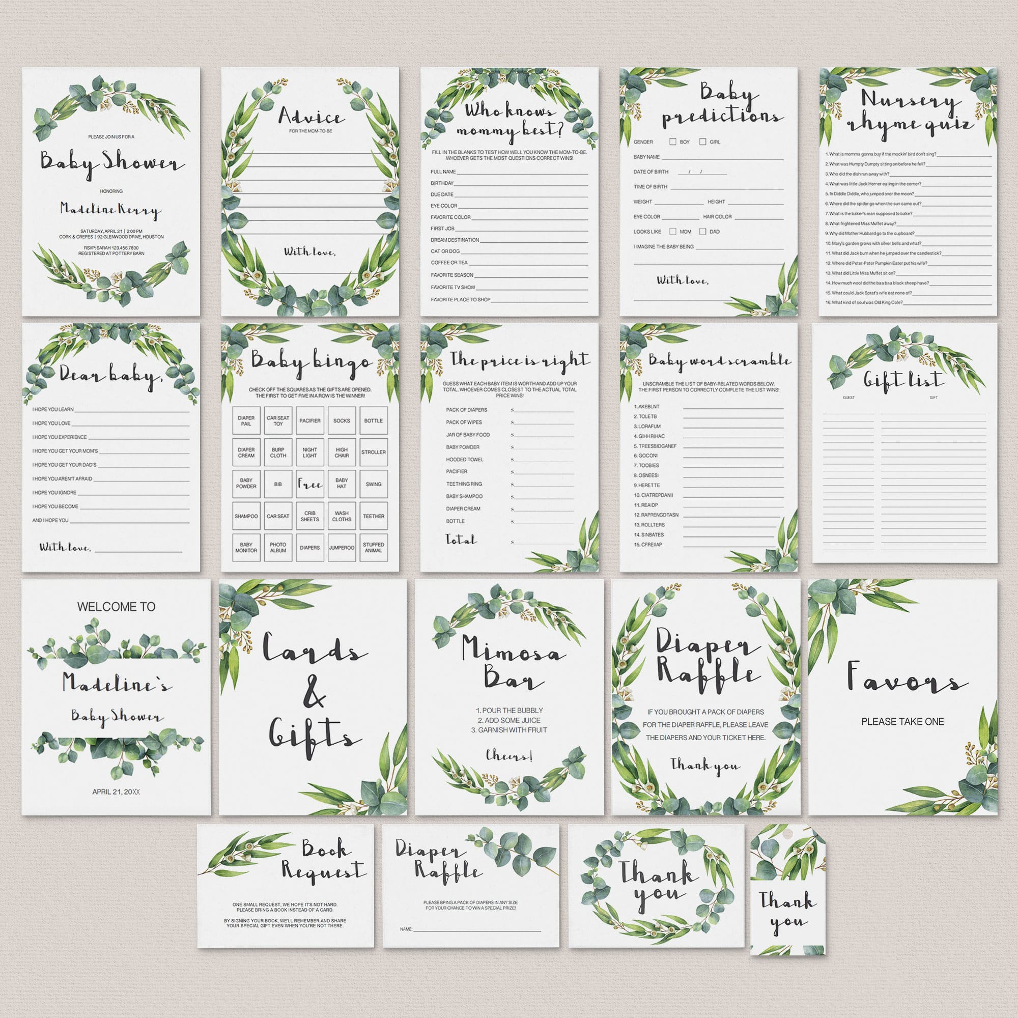 Eucalyptus Baby Shower Printable Full Package by LittleSizzle