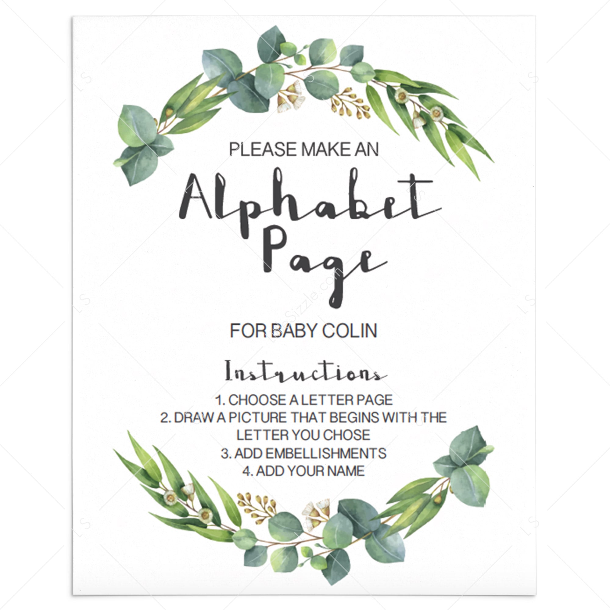 Botanical baby shower ABC page book game by LittleSizzle